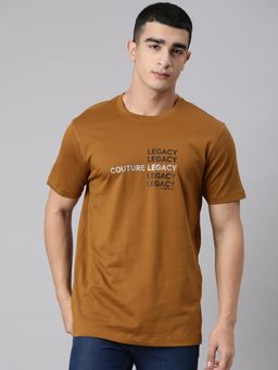 Classic Polo - Men'S Mustard Crew Neck Slim Fit Typography Cotton T-Shirt