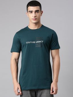 Classic Polo - Men'S Teal Green Crew Neck Slim Fit Typography Cotton T-Shirt
