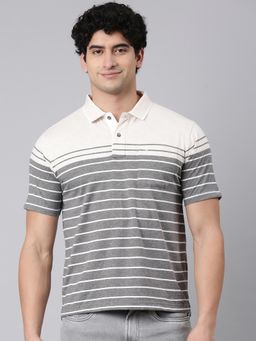 Classic Polo - Men'S Grey Authentic Fit Striped Cotton Blend Polo T-Shirt