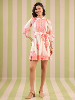 Jaipur Morni - White and Pink Mughal Motif Tiered Cotton Dress with Belt