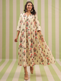 Jaipur Morni - Cream and Pink Printed Flared Maxi Dress