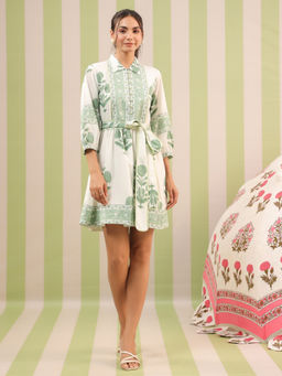 Jaipur Morni - White and Green Mughal Motif Tiered Cotton Dress with Belt