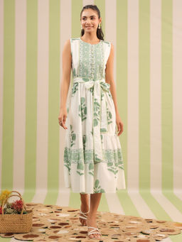 Jaipur Morni - White and Green Sleeveless Midi Dress with Belt