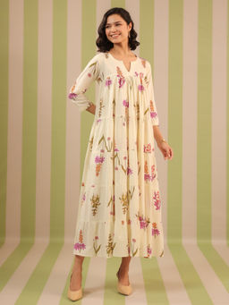 Jaipur Morni - Cream and Pink Printed Flared Maxi Dress