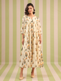 Jaipur Morni - Cream and Mustard Printed Flared Maxi Dress