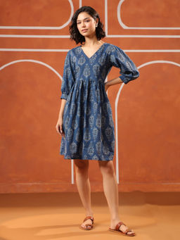 Jaipur Morni - Blue Printed V-Neck Cotton Dress