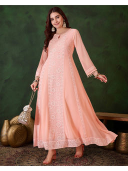 KVS FAB - Peach Georgette Floral Embroidered Flared Gown
