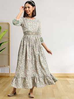 KVS FAB - Green Rayon Paisley Floral Printed Zari Embroidered Maxi Gown