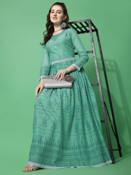 KVS FAB - Turquoise Mal Cotton Mirror Work A-Line Flared Party Wear Gown