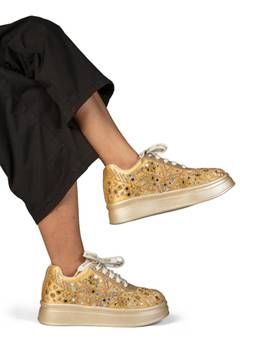 RETTROSE - Gold Mahira Mirror Work Bridal Platform Sneakers