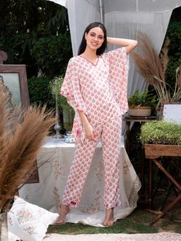 Dusk Attire - Pink-White Ambi Kaftan Style Pyjama Set
