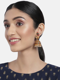 Accessher - Matte Gold Plated Red-Green Studded Dome Shaped Jhumki Earrings For Women & Girls