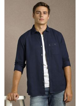 Louis Philippe - Men Navy Blue Textured Full Sleeves Casual Shirt