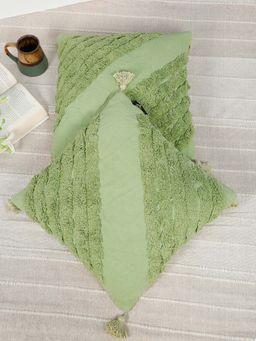 HOSTA HOMES - Pure Cotton Hand Tufted Tessel Cushion Cover Green (Pack Of 2) (16X16 Inches)