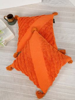 HOSTA HOMES - Pure Cotton Hand Tufted Tessel Cushion Cover Rust (Pack Of 2) (16X16 Inches)