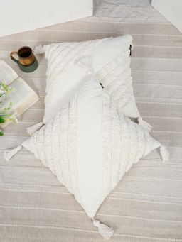 HOSTA HOMES - Pure Cotton Hand Tufted Tessel Cushion Cover White (Pack Of 2) (16X16 Inches)