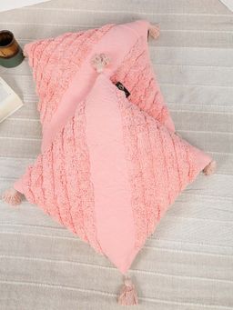 HOSTA HOMES - Pure Cotton Hand Tufted Tessel Cushion Cover Peach (Pack Of 2) (16X16 Inches)