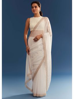 KALKI FASHION - White Crushed Tissue Embellished Embroidered Saree with Unstitched Blouse