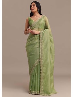 KALKI FASHION - Parrot Green Tissue Sequins Scallop Border Saree with Unstitched Blouse