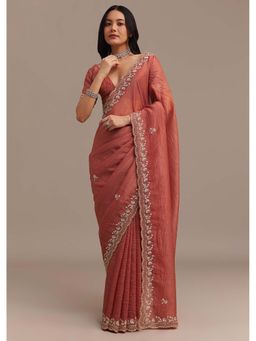 KALKI FASHION - Rust Beads and Sequins Embroidery Saree with Unstitched Blouse