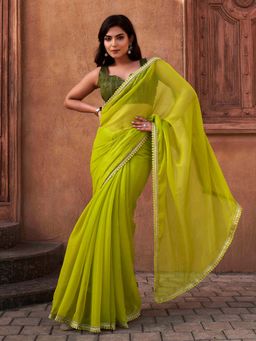 Tikhi Imli - Green Shimmer Chiffon Saree with Unstitched Blouse