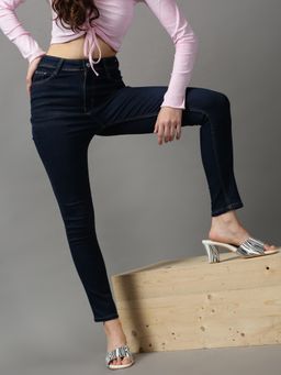 SHOWOFF - Womens Clean Look Skinny Fit Navy Blue Denim Jeans