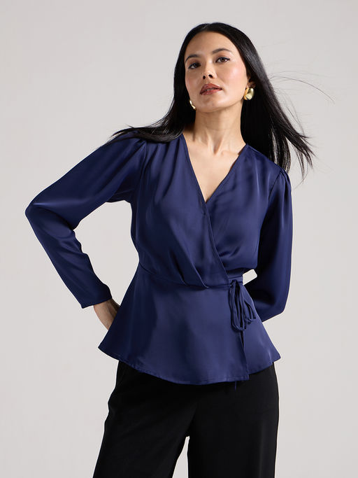 Twenty Dresses by Nykaa Fashion Navy Blue Full Sleeves Tie Up Waist Wrap Top