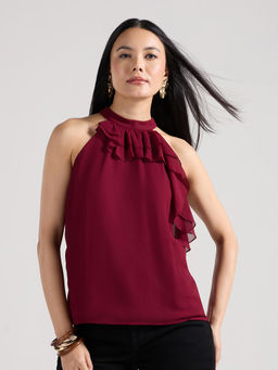 Twenty Dresses by Nykaa Fashion - Maroon Solid Ruffle Detail Sleeveless Top