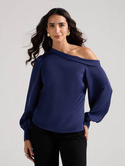 Twenty Dresses by Nykaa Fashion - Navy Blue One Shoulder Full Cuffed Sleeves Top