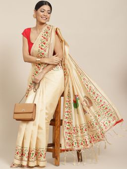ISHIN - Womens Art Silk Beige Printed Mysore Silk Saree with Unstitched Blouse