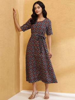 Fabindia - Blue Cotton Ajrakh Printed Midi Dress with Belt (Set of 2)