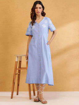 Fabindia - Blue Cotton Chikankari Midi Dress