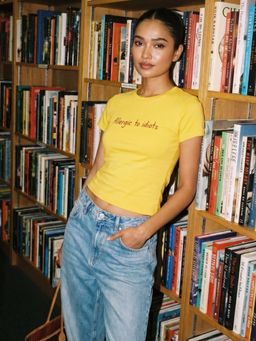 Uptownie - Womens Yellow Typography Print Round Neck T-Shirt
