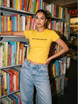 Uptownie - Womens Yellow Typography Cotton Lycra T-Shirt