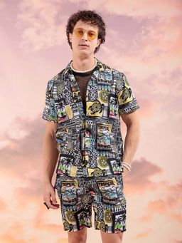 The Indian Garage Co - Black Printed Regular Fit Shirt and Shorts (Set of 2)