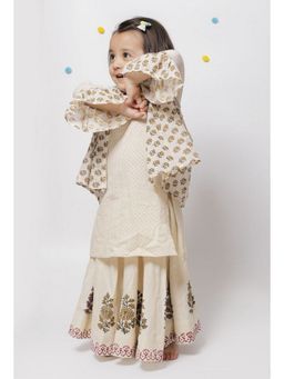 Tjori - Kiara Off White Printed Cape And Cotton Slip Kurta With Skirt (Set of 3)
