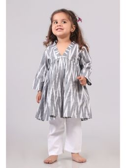 Tjori - Grey And White Ikat Flared Gathered Kurta With Pants (Set of 2)