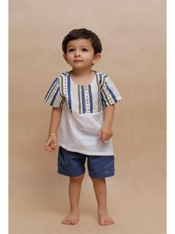 Tjori - Off-White Multi Color Striped T Shirt And Blue Short (Set of 2)