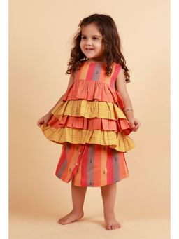 Tjori - Orange Stripe Top With Orange And Multicolor Stripe Skirt (Set of 2)