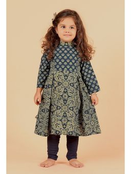 Tjori - Aria Indigo Multi Ajrakh Print Cotton Kurta & Blue Churidar (Set of 2)