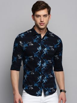 SHOWOFFFF - Mens Spread Collar Printed Navy Blue Classic Shirt