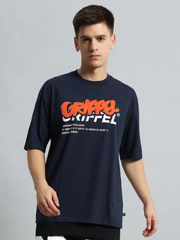 Griffel - Men Typography Printed Applique Navy T-Shirt