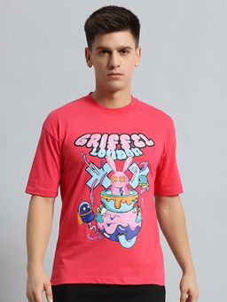 Griffel - Men Typography Printed Applique Pink T-Shirt