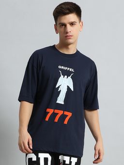 Griffel - Men Typography Printed Applique Navy T-Shirt