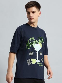Griffel - Men Typography Printed Applique Navy T-Shirt