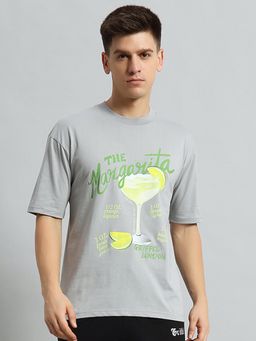 Griffel - Men Typography Printed Applique Steel Grey T-Shirt