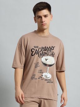 Griffel - Men Printed Raw Edge Camel T-Shirt