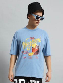 Griffel - Men Typography Printed Raw Edge Blue T-Shirt