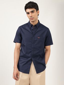 Andamen - Casual Mens Navy Blue Patch Pocket Slim Shirt