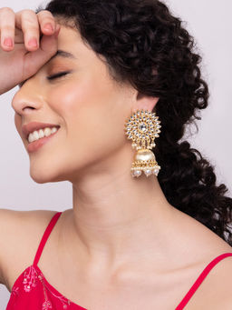 Indya - Gold Dome Shaped Kundan Jhumka Earrings